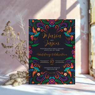 Mexican Black Colourful Floral Nuestra Boda Weddin Invitation