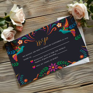 Mexican Black Colourful Floral Nuestra Boda Weddin RSVP Card