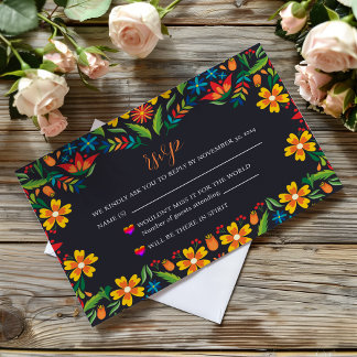 Mexican Black Floral Colourful Botanical Wedding RSVP Card