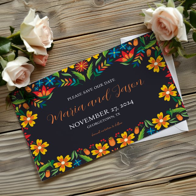 Mexican Black Floral Colourful Botanical Wedding Save The Date (Mexican Black Floral Colorful Botanical Wedding Save The Date)