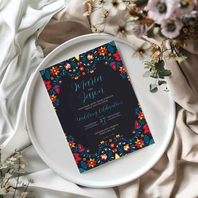 Mexican Black Floral Colourful Elegant Boda Weddin Invitation (Mexican Black Floral Colorful Elegant Boda Wedding Invitation)