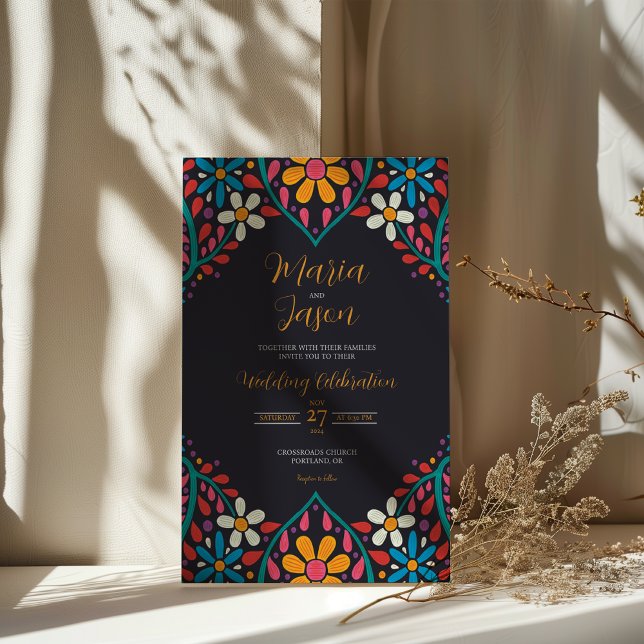 Mexican Black Floral Colourful Flowers Boda Weddin Invitation (Mexican Black Floral Colorful Flowers Boda Wedding Invitation)