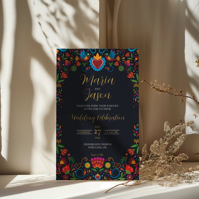 Mexican Black Floral Otomi Colourful Fiesta Weddin Invitation (Mexican Black Floral Otomi Colorful Fiesta Wedding Invitation)
