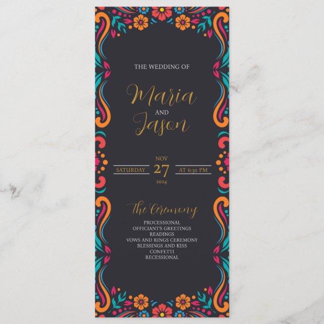Mexican Black Floral Traditional Folk Art Wedding Programme (Front)