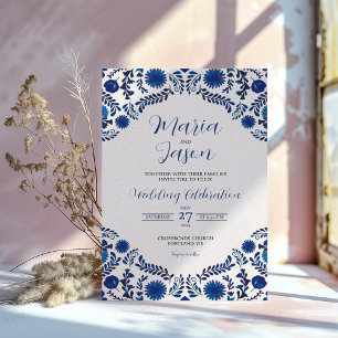Mexican Blue Floral Aesthetic Botanical Wedding Invitation