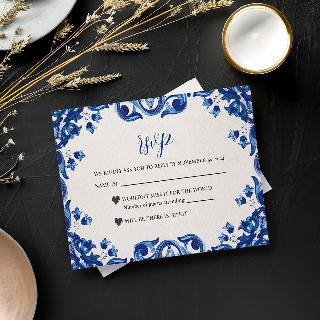 Mexican Blue Floral Elegant Fiesta Wedding RSVP Card (Mexican Blue Floral Elegant Fiesta Wedding RSVP Card)