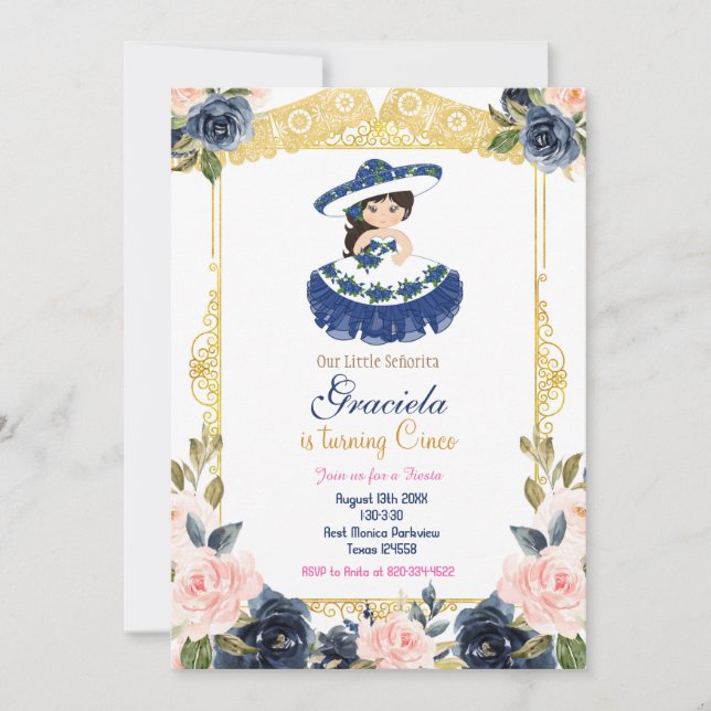 Mexican Blue Navy Girl Fiesta Birthday  Invitation (Front)