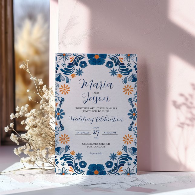 Mexican Blue Orange Floral Elegant Fiesta Wedding Invitation (Mexican Blue Orange Floral Elegant Fiesta Wedding Invitation)