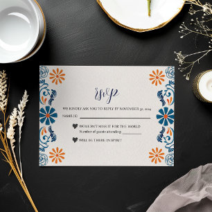 Mexican Blue Orange Floral Elegant Fiesta Wedding RSVP Card