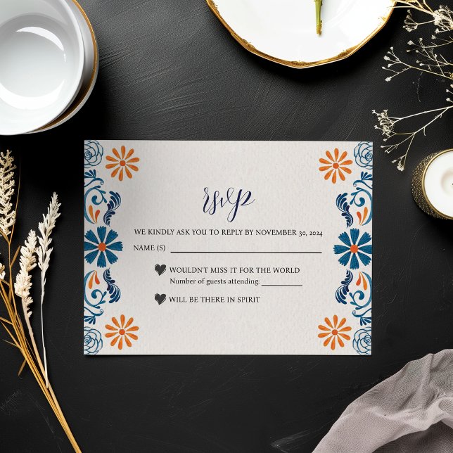 Mexican Blue Orange Floral Elegant Fiesta Wedding RSVP Card (Mexican Blue Orange Floral Elegant Fiesta Wedding RSVP Card)
