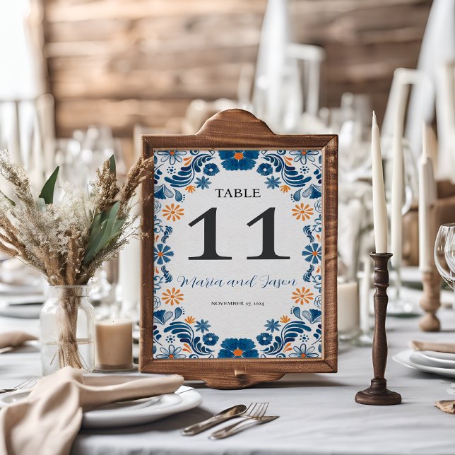 Mexican Blue Orange Floral Elegant Fiesta Wedding Table Number (Mexican Blue Orange Floral Elegant Fiesta Wedding Table Number)