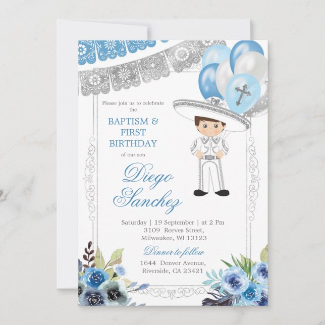 Mexican Blue Silver Baptism and Third Birthday Invitation (Front)