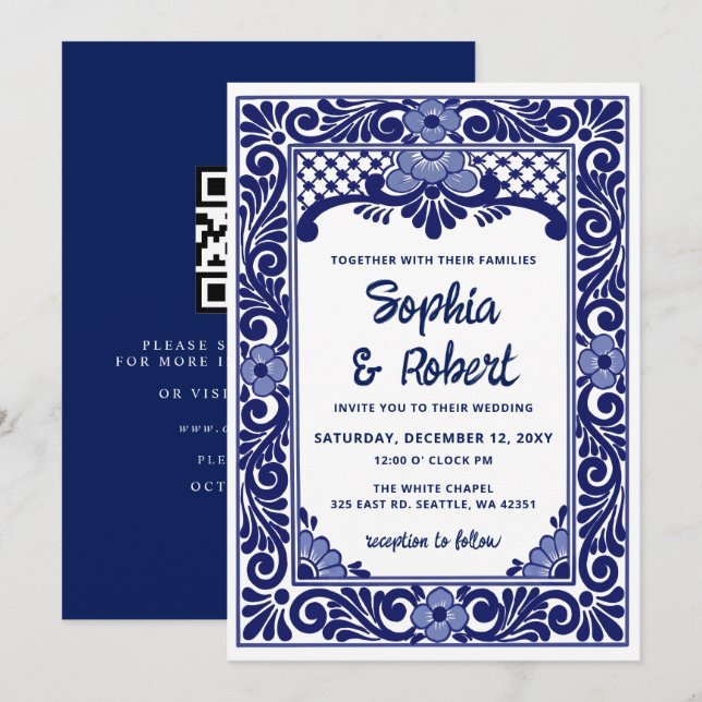 Mexican Blue Talavera QR Code Wedding Invitation (Front/Back)