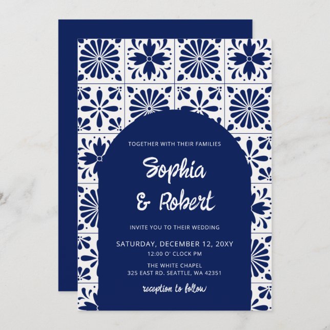 Mexican Blue Talavera Tiles Wedding Invitation (Front/Back)