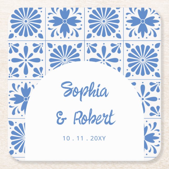 Mexican Blue Talavera Tiles Wedding Square Paper Coaster (Front)