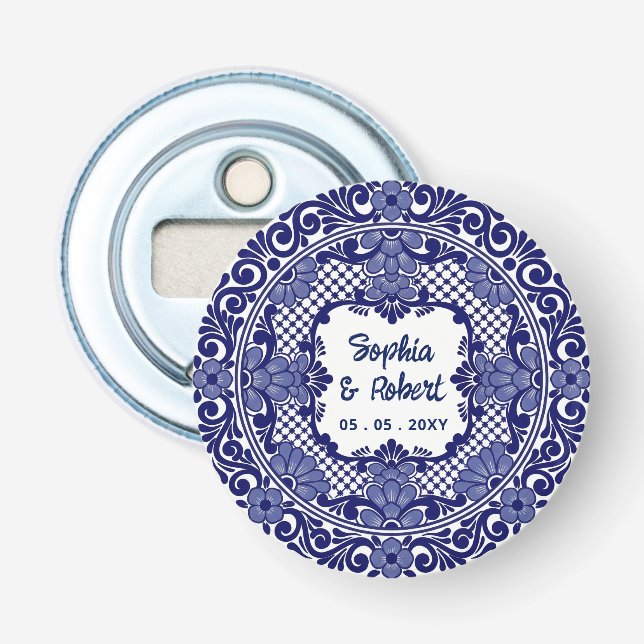 Mexican Blue Talavera Wedding Bottle Opener (Front)