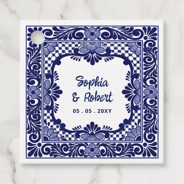 Mexican Blue Talavera Wedding Favour Tags (Front)