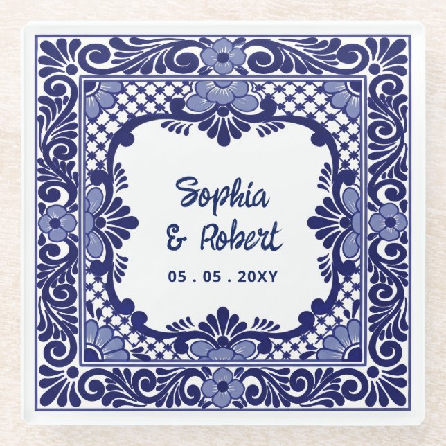 Mexican Blue Talavera Wedding Glass Coaster (Front)