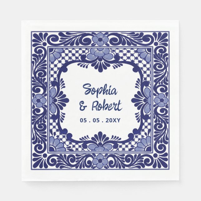Mexican Blue Talavera Wedding Napkin (Front)