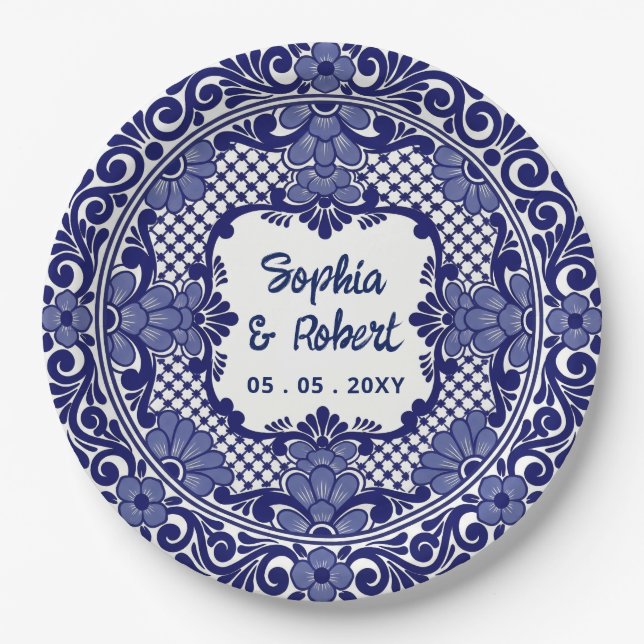 Mexican Blue Talavera Wedding Paper Plate (Front)