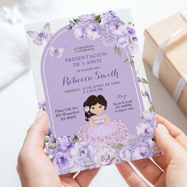 Mexican Boho Purple Floral Presentacion de 3 Años Invitation (Creator Uploaded)