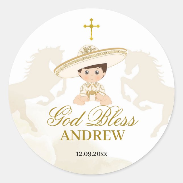 Mexican Boy Gold White Horse Charro Baptism Classic Round Sticker (Front)