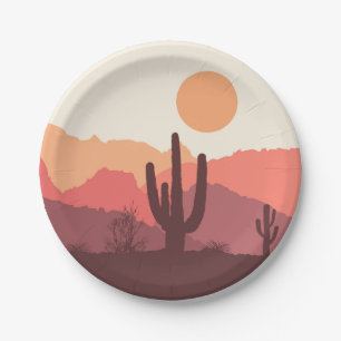Mexican burgundy and orange desert landscape paper plate