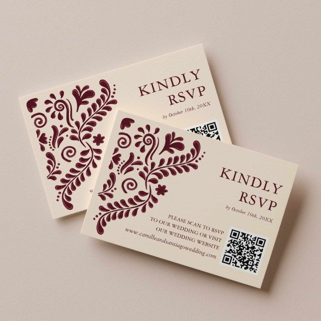Mexican Burgundy Wedding QR Code RSVP Card (Burgundy Talavera Kindly Rsvp Card)