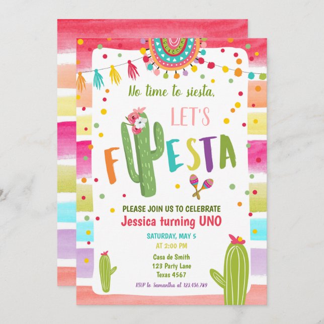 Mexican Cactus 1st First Fiesta Birthday Invitation (Front/Back)