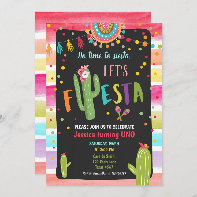 Mexican Cactus 1st First Fiesta Birthday Invitation (Front/Back)
