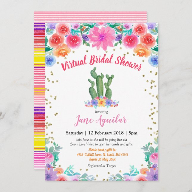Mexican Cactus Virtual Bridal Shower Invitation (Front/Back)