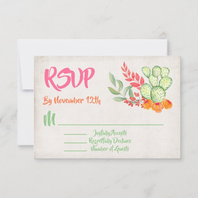 Mexican Cactus Wedding RSVP Response cards (Front)