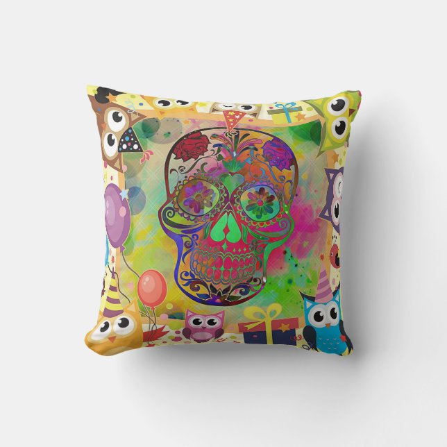 Mexican Calavera Skull on Colourful Cushion (Front)