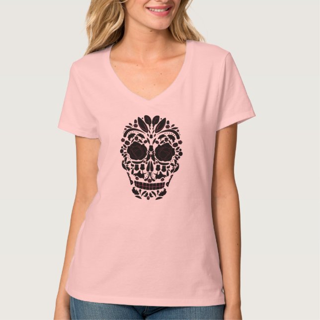 Mexican Calavera Woman T-Shirt with Roses (Front)