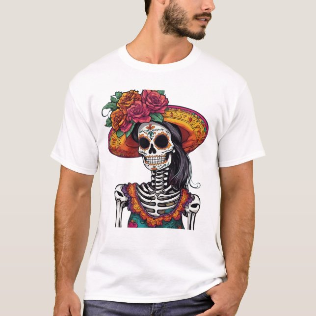 Mexican Catrina Skeleton Art T-Shirt (Front)