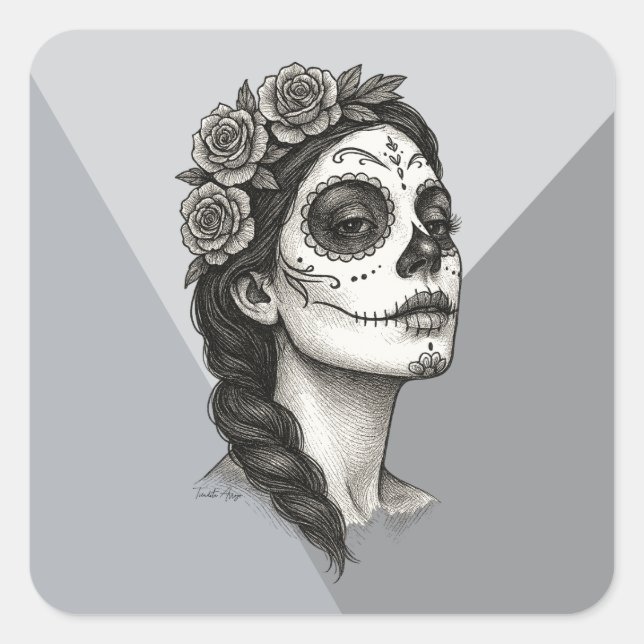 Mexican Catrina with Roses Day of the Dead Square Sticker (Front)