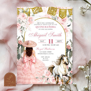 Mexican Charra Blush Pink Floral Quinceanera Invit Invitation