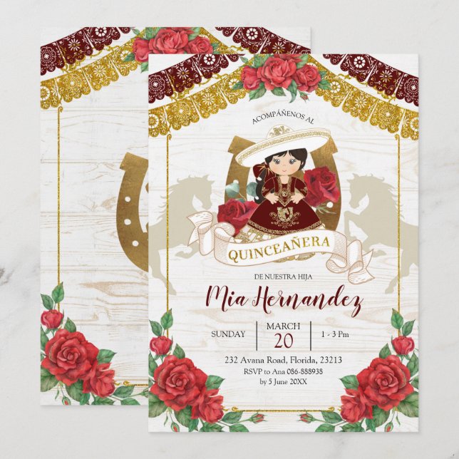 Mexican Charra Burgundy Red Quinceanera Western In Invitation (Front/Back)