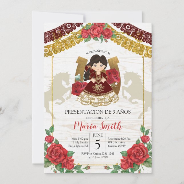 Mexican Charra Burgundy Red Rose Third Birthday In Invitation (Front)