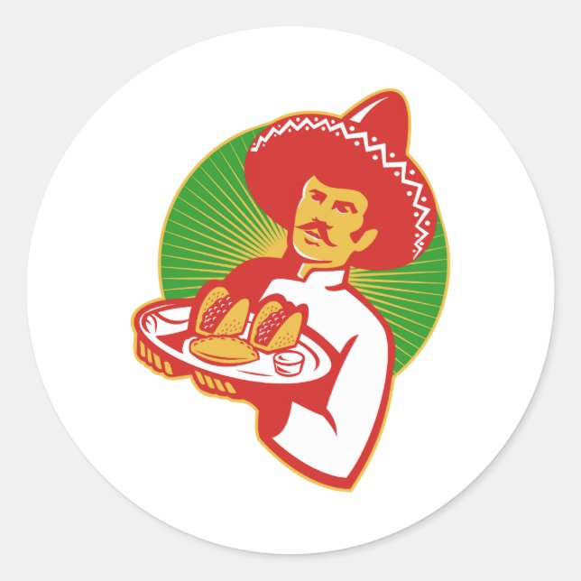 mexican chef serving taco burrito empanada retro classic round sticker (Front)
