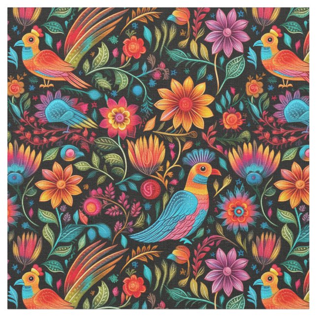 Mexican colourful botanical pattern fabric (Close Up)