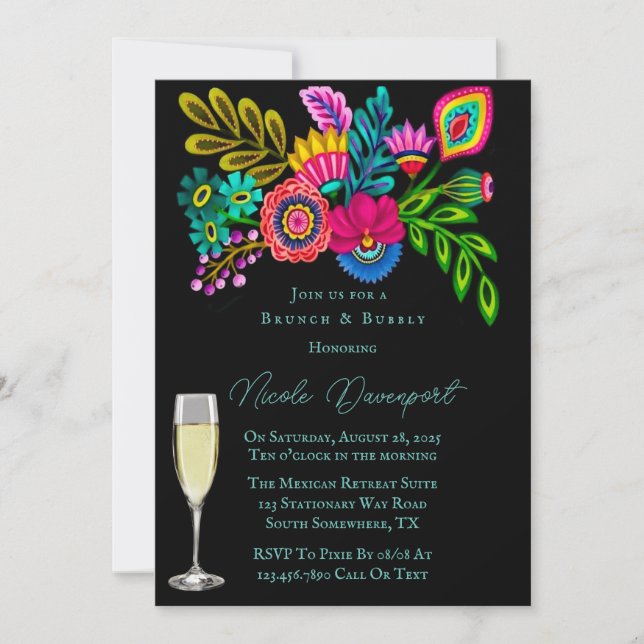 Mexican Colourful Flora Brunch and Bubbly  Invitation (Front)