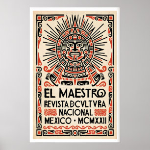 Mexican Culture Poster Stylized Aztec Face - Red