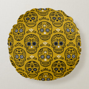 Mexican Day of the Dead Calavera Floral Skull Folk Round Cushion