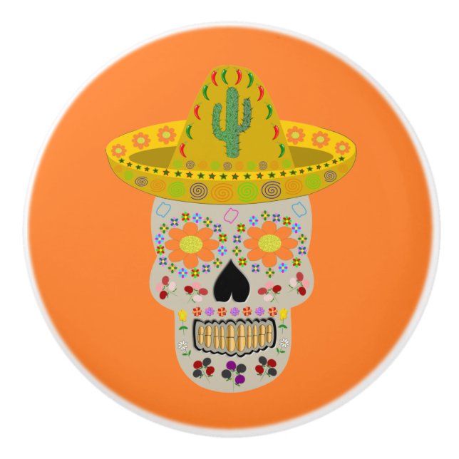 Mexican Day of the Dead Skull  Ceramic Knob (Front)