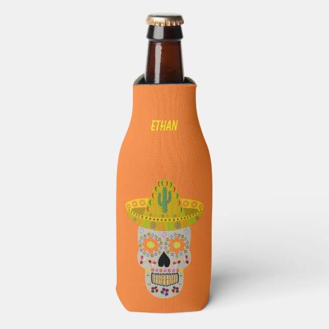 Mexican Day of the Dead Skull Custom Bottle Cooler (Bottle Front)