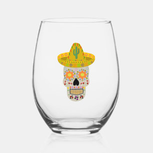 Mexican Day of the Dead Skull Stemless Wine Glass