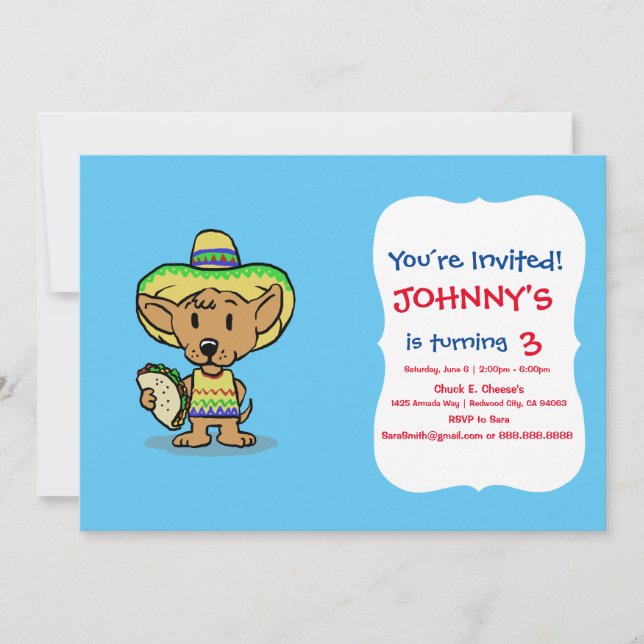 Mexican dog holding a taco | choose back colour invitation (Front)