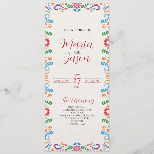 Mexican Elegant Colourful Floral Fiesta Wedding Programme (Front)