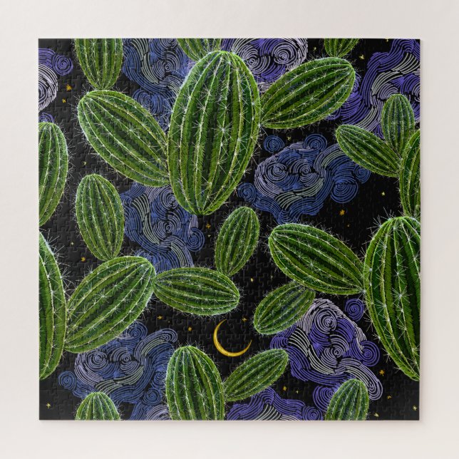 Mexican Embroidery: Cactus Night Seamless. Jigsaw Puzzle (Vertical)